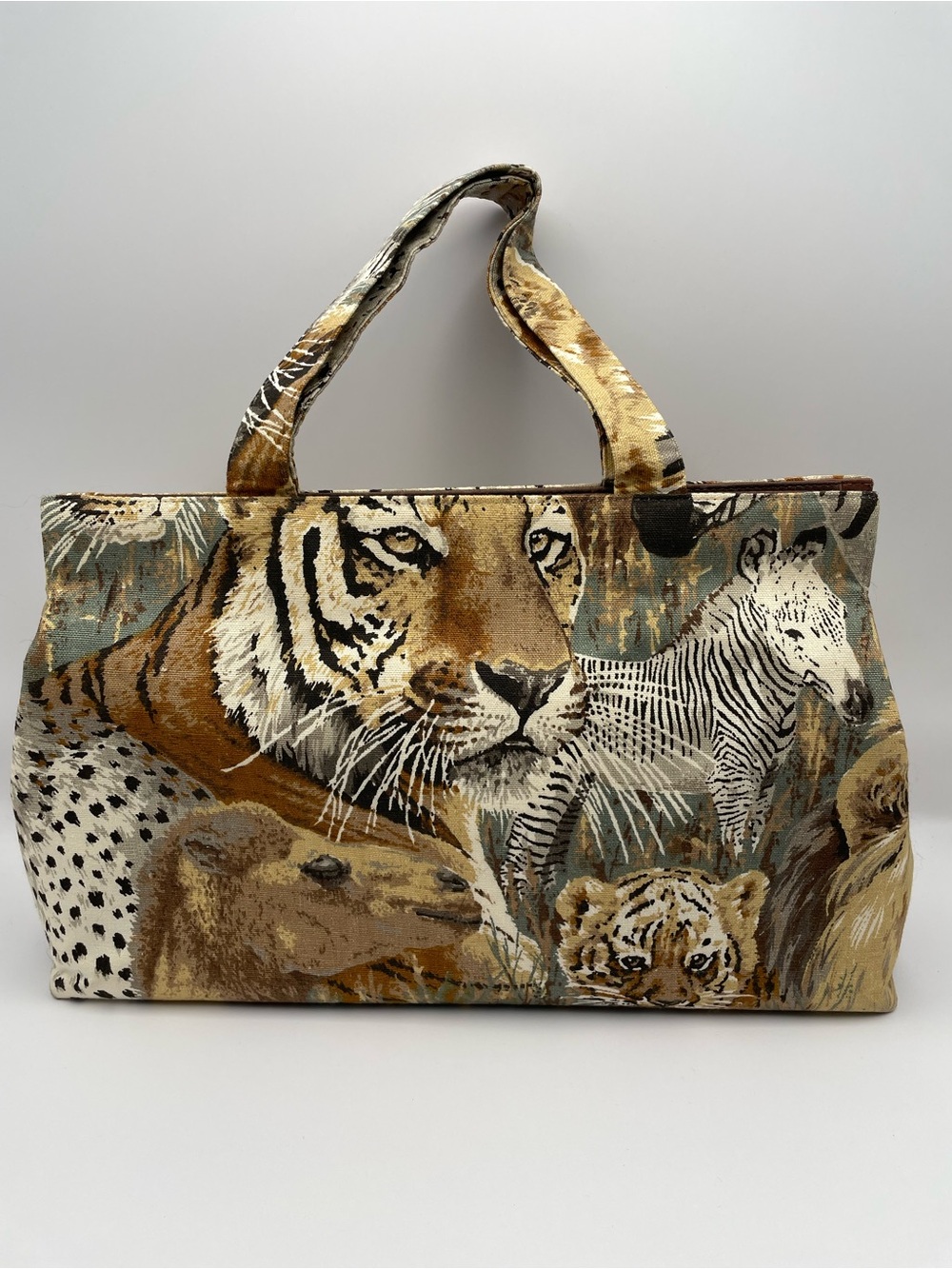 Vtg 1960s Margaret Smith Gardiner Maine Safari Wildlife Tote Bag Tiger Zebra